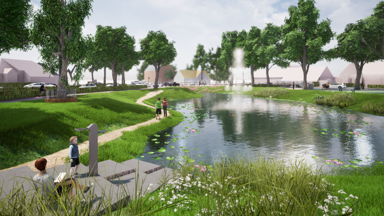 Sfeerimpressie van de natuurlijke vijver op de Brink vanuit oostelijke richting